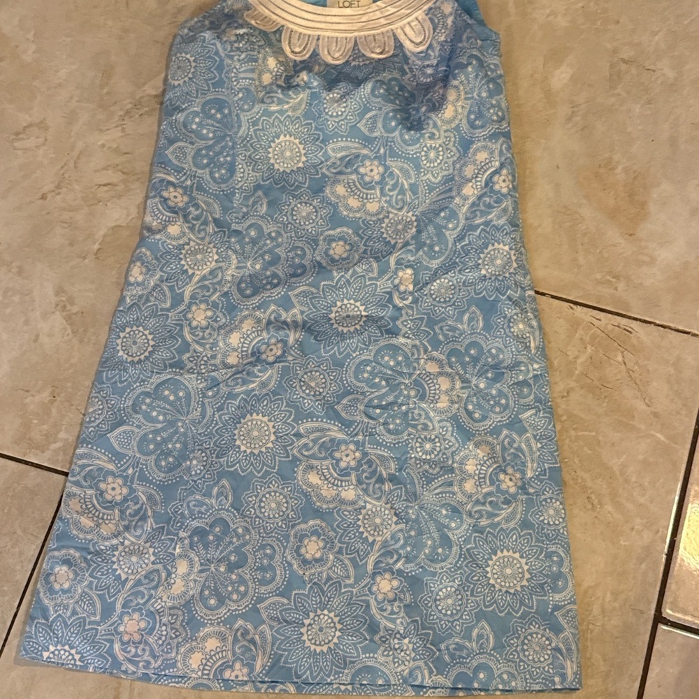 LOFT Blue Lace Sleeveless A-Line Dress with White Trim - Picture 3 of 4